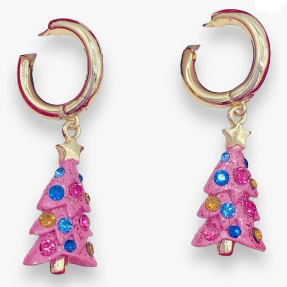 Betsey Johnson Pink Mini Huggie Christmas Trees Drop Earrings